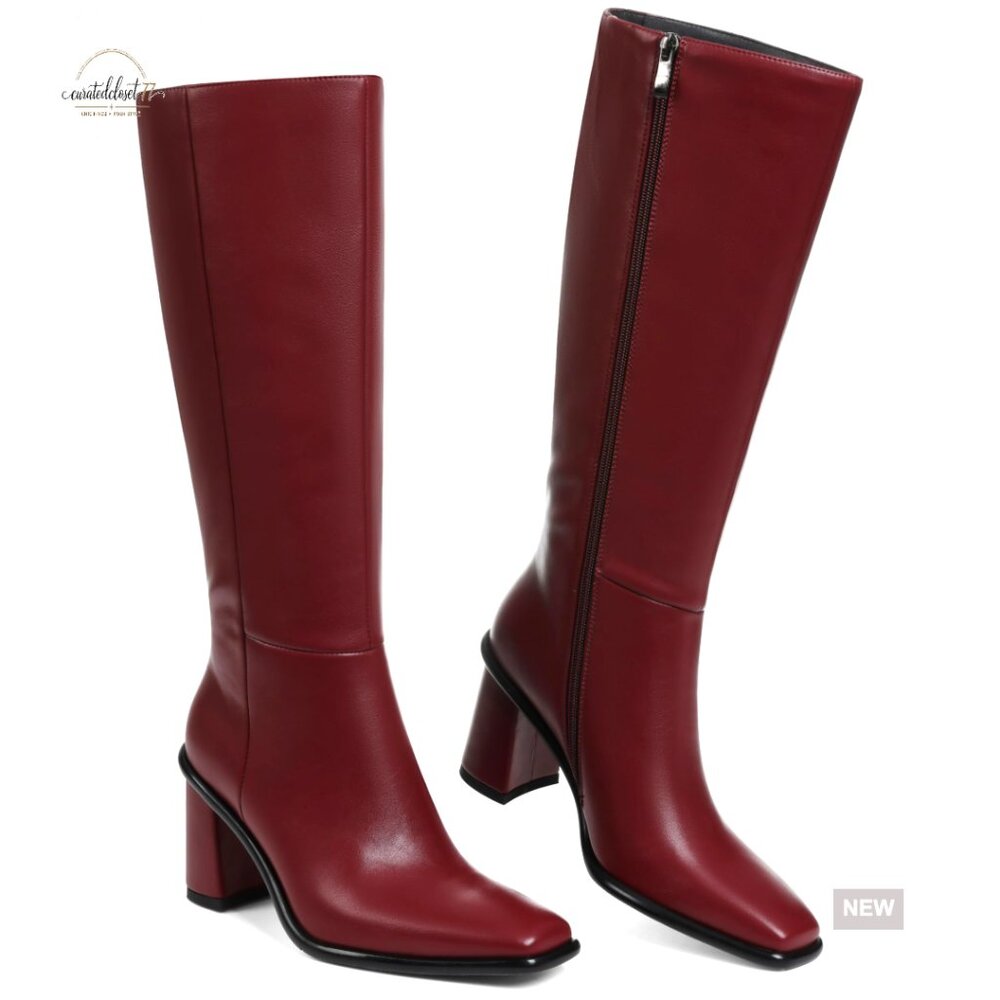 Knee High Wide Calf Boots Leather Square Toe Chunky Heel Side Zipper